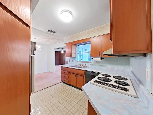 kitchen with backsplash, an inviting chandelier, light tile floors, sink, and dishwasher