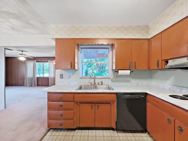 kitchen with custom exhaust hood, sink, dishwasher, ceiling fan, and a textured ceiling