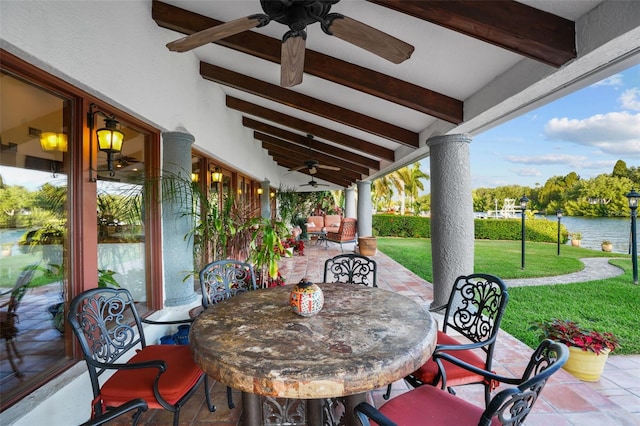 view of patio featuring ceiling fan and a water view