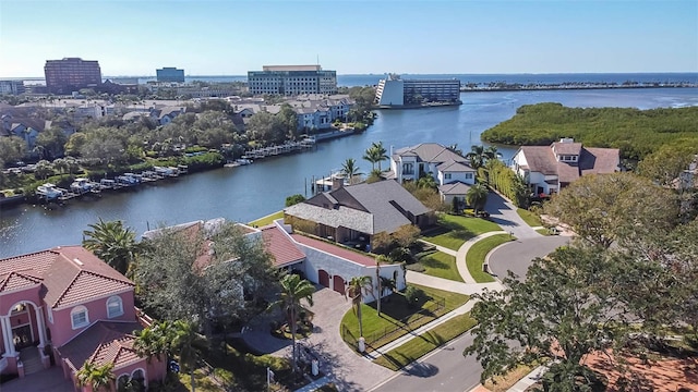 bird's eye view with a water view