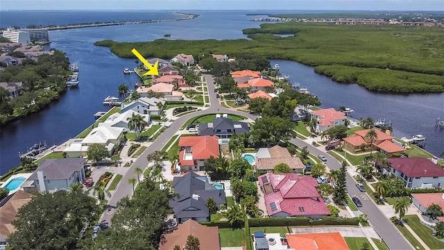 drone / aerial view featuring a water view