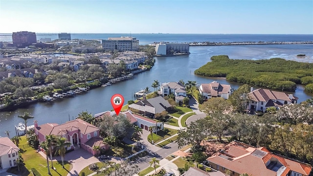 drone / aerial view featuring a water view