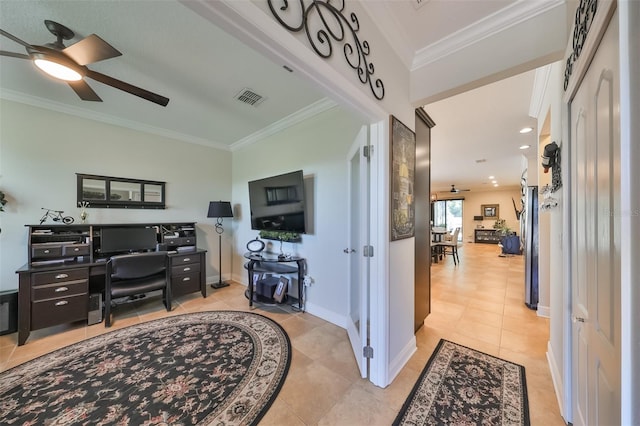 office with crown molding, ceiling fan, and light tile flooring