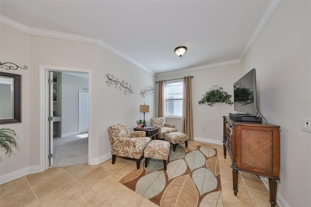 sitting room with crown molding and light tile floors