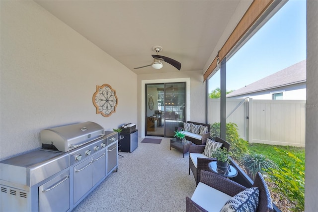 view of patio with a grill and ceiling fan