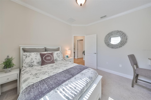 carpeted bedroom featuring ornamental molding