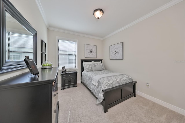 carpeted bedroom featuring ornamental molding