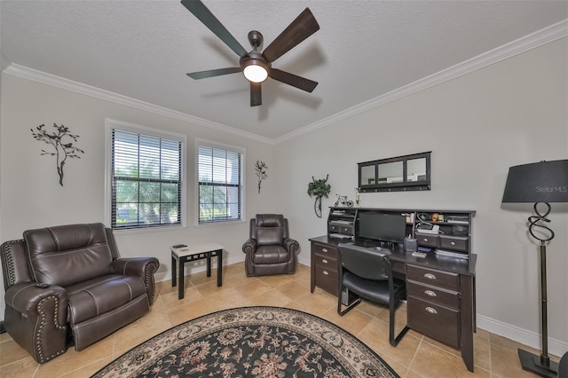 tiled home office with ornamental molding, ceiling fan, and a textured ceiling