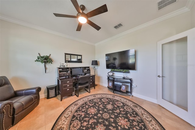 living room featuring ornamental molding, tile flooring, and ceiling fan