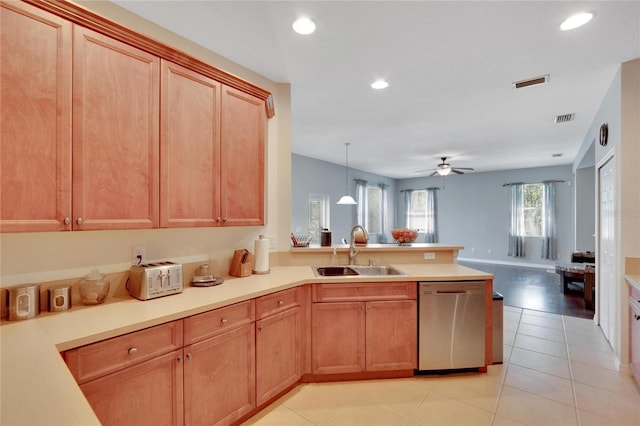 kitchen with decorative light fixtures, dishwasher, sink, ceiling fan, and light wood-type flooring