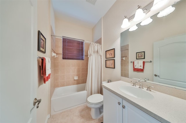 full bathroom featuring shower / bathtub combination with curtain, toilet, vanity with extensive cabinet space, and tile flooring