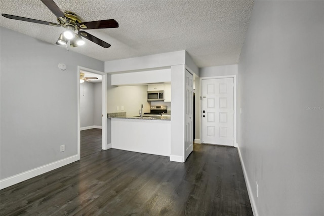 interior space with ceiling fan, dark hardwood / wood-style flooring, a textured ceiling, and sink