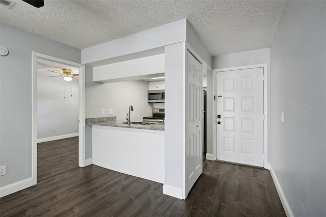 kitchen with a textured ceiling, appliances with stainless steel finishes, dark hardwood / wood-style floors, sink, and ceiling fan