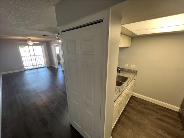 kitchen with white cabinetry, dark wood-type flooring, and ceiling fan