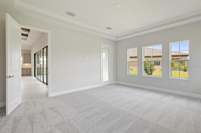 carpeted empty room featuring ornamental molding and a tray ceiling