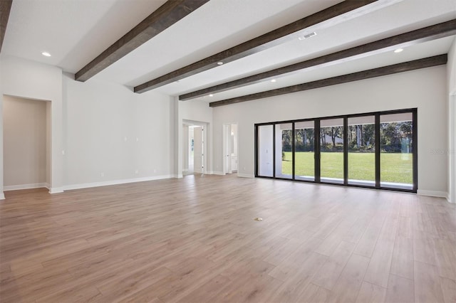 unfurnished living room featuring light hardwood / wood-style flooring and beamed ceiling