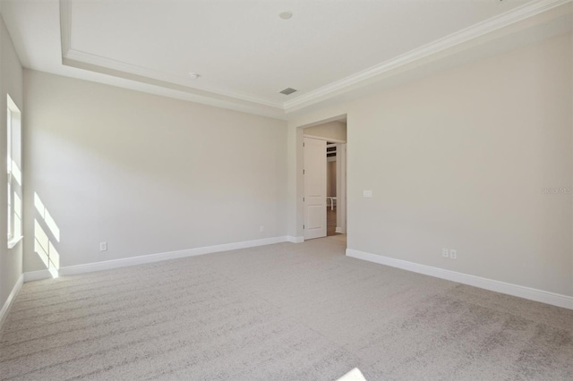 unfurnished room featuring a tray ceiling and light colored carpet