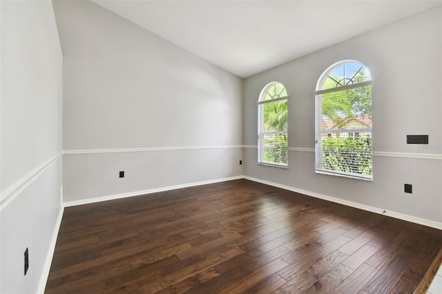 spare room featuring lofted ceiling and dark wood-type flooring