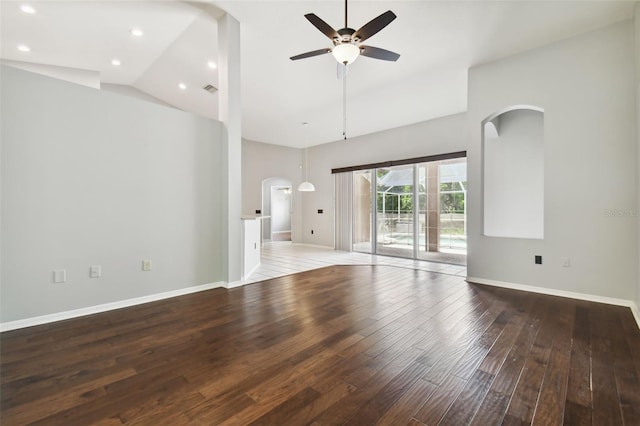 unfurnished living room featuring high vaulted ceiling, wood-type flooring, and ceiling fan