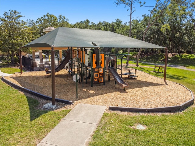 view of jungle gym featuring a yard