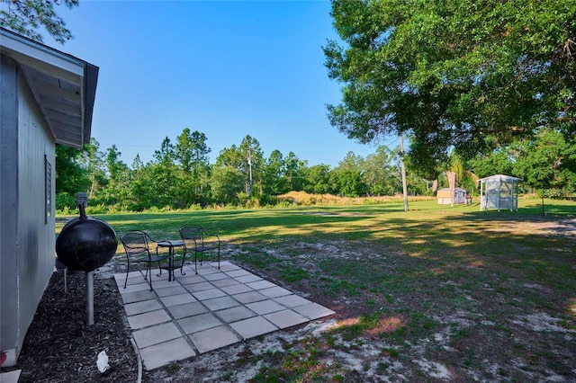 view of yard featuring a patio area and an outdoor structure