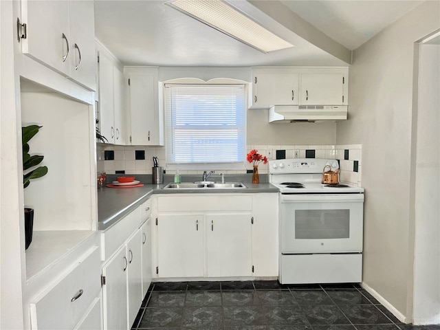 kitchen with white cabinets, sink, decorative backsplash, and white range with electric stovetop