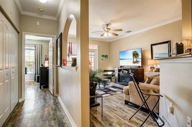 hall featuring hardwood / wood-style floors and crown molding