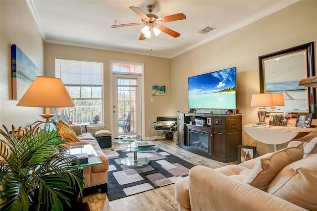 living room featuring ceiling fan, crown molding, and light wood-type flooring