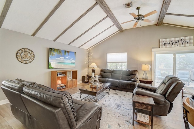 living room featuring beamed ceiling, ceiling fan, hardwood / wood-style flooring, and high vaulted ceiling