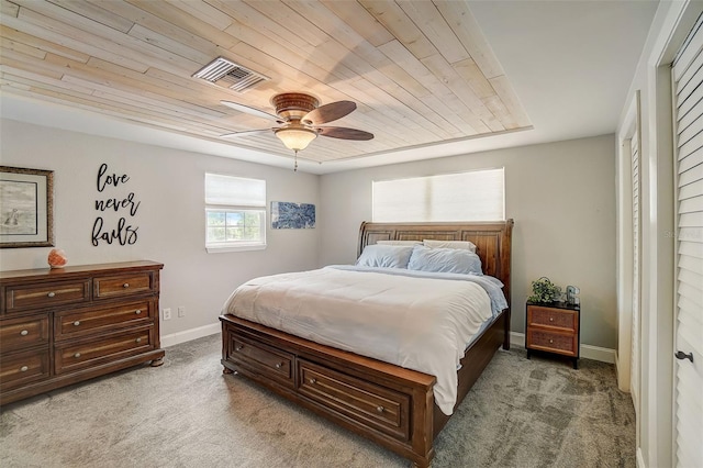 carpeted bedroom featuring wooden ceiling and ceiling fan