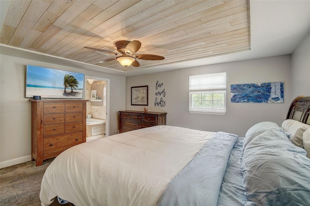 bedroom featuring carpet, ceiling fan, ensuite bath, and wood ceiling