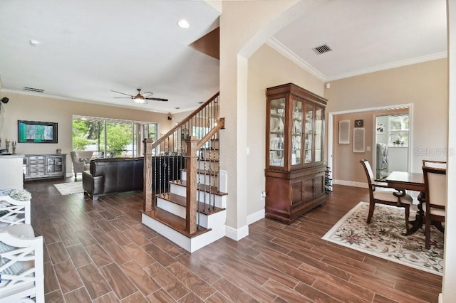 foyer featuring ceiling fan, crown molding, and dark wood-type flooring