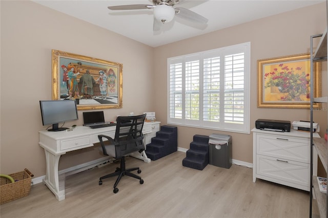 office with ceiling fan, a healthy amount of sunlight, and light wood-type flooring