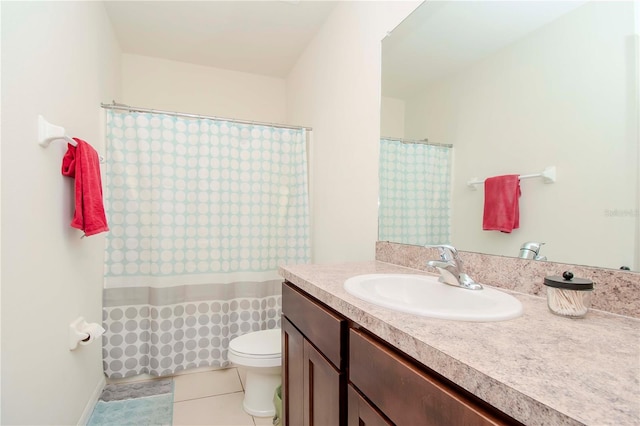 bathroom with vanity, walk in shower, toilet, and tile patterned floors