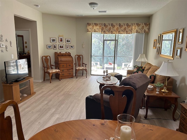 living room featuring light hardwood / wood-style floors, a textured ceiling, and a wealth of natural light