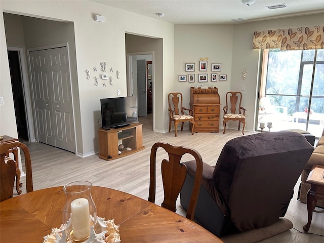 living room with a textured ceiling and light hardwood / wood-style floors