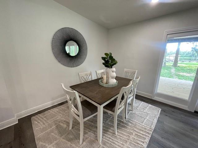 dining space with dark hardwood / wood-style floors