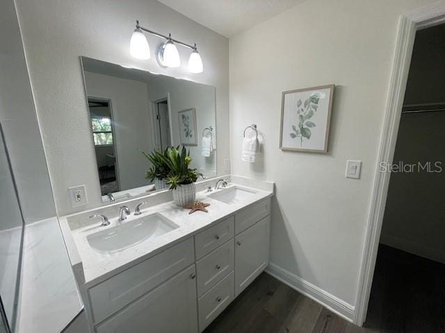 bathroom with wood-type flooring and vanity