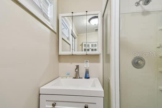 bathroom with vanity and a shower