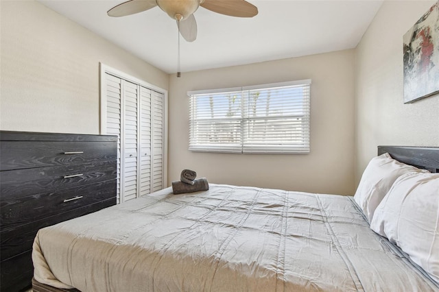 bedroom with ceiling fan and a closet