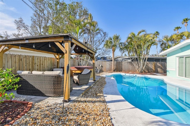 view of pool featuring a gazebo, an outdoor hangout area, and a patio area