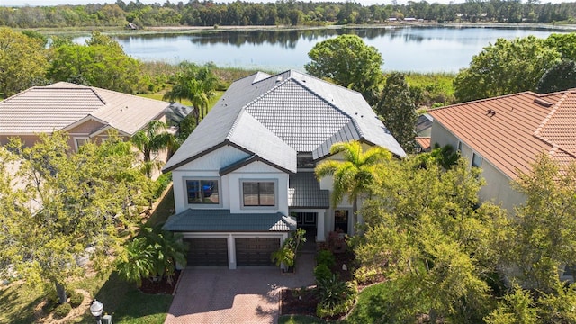 aerial view featuring a water view