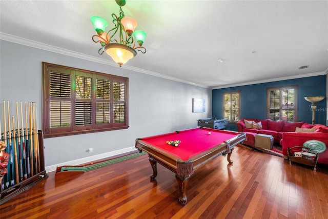 game room with crown molding, dark hardwood / wood-style flooring, and billiards