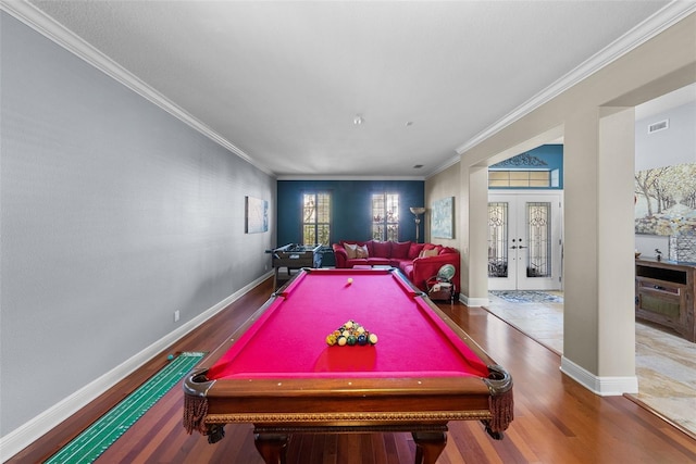 game room featuring pool table, tile patterned floors, french doors, and ornamental molding