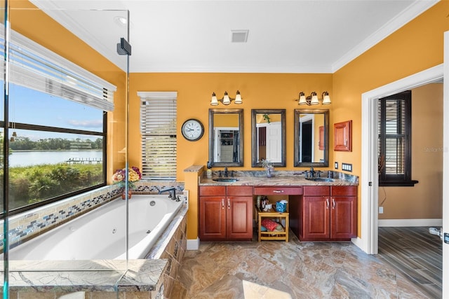 bathroom with tiled bath, tile patterned floors, a water view, ornamental molding, and dual vanity