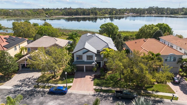 bird's eye view with a water view