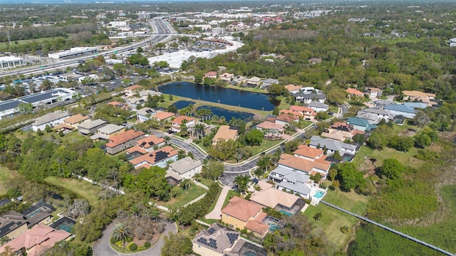 drone / aerial view featuring a water view