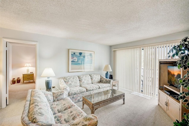 living room featuring light colored carpet and a textured ceiling