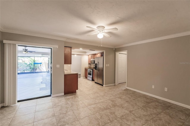 unfurnished room featuring crown molding, ceiling fan, and light tile floors