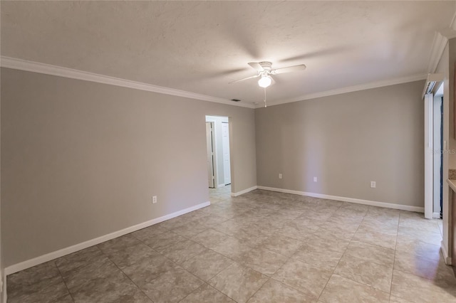 unfurnished room with ornamental molding, tile flooring, and ceiling fan